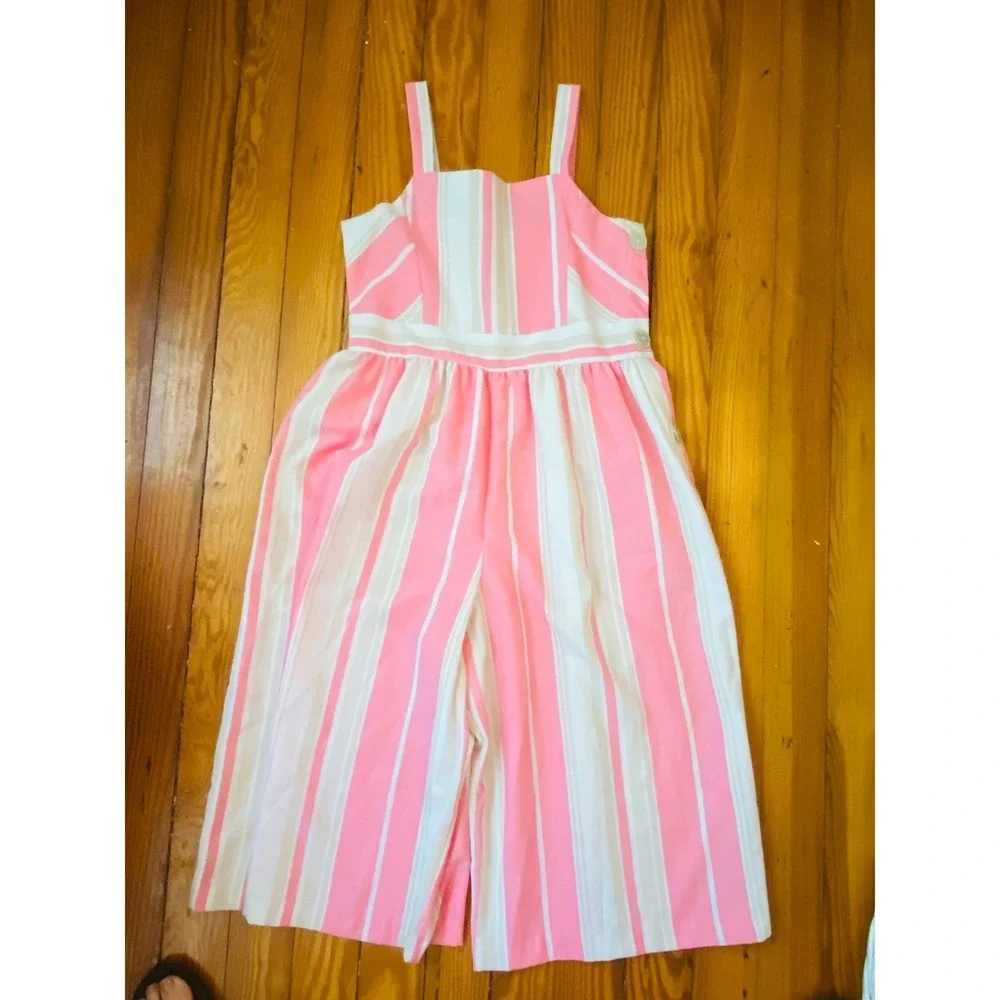 Bonnie‎ Jean sz 14 Pink White Striped Wide Leg Jumpsuit Sleeveless  One-Piece